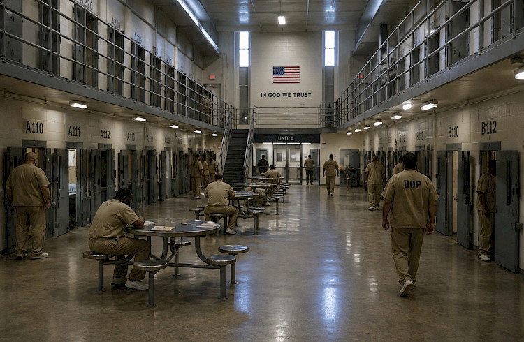 Inside of a federal prison men sitting around and walking the floor